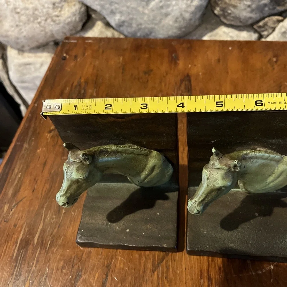 Antique Vtg Rare Horse Head Bookends, Heavy Metal, Nice Green Patina, 4x5x3
